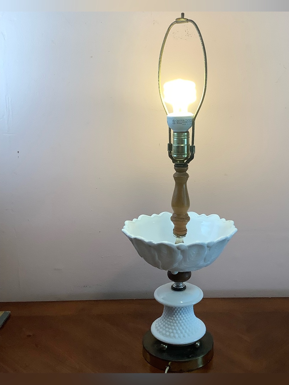 Vintage Table Lamp Restoration Project. Milk Glass,Wood, Metal, Sold as Pictured